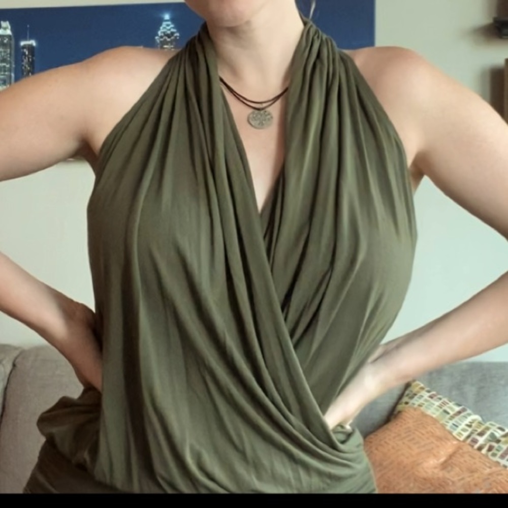Amour Vert stretchy olive green deep v wrap tank with fitted waistband